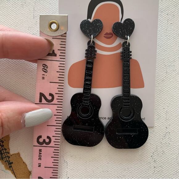 Black Glitter Guitar and Heart Charm Drop Festival Eras Statement Earrings - Picture 5 of 5
